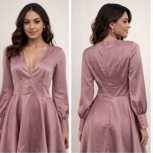 Simple Long Sleeve Satin Dress in Mauve